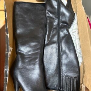 DollHouse Tall Black Leather Boots almond toe Cone high heel stretch calf 7.5